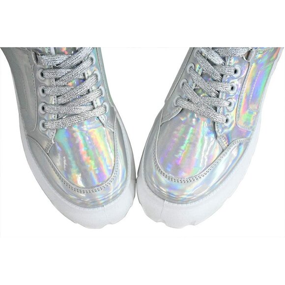 Lucky Step Women's Hologram Silver Platform Dad Casual Lace Up Walking Sneakers - Picture 7 of 9